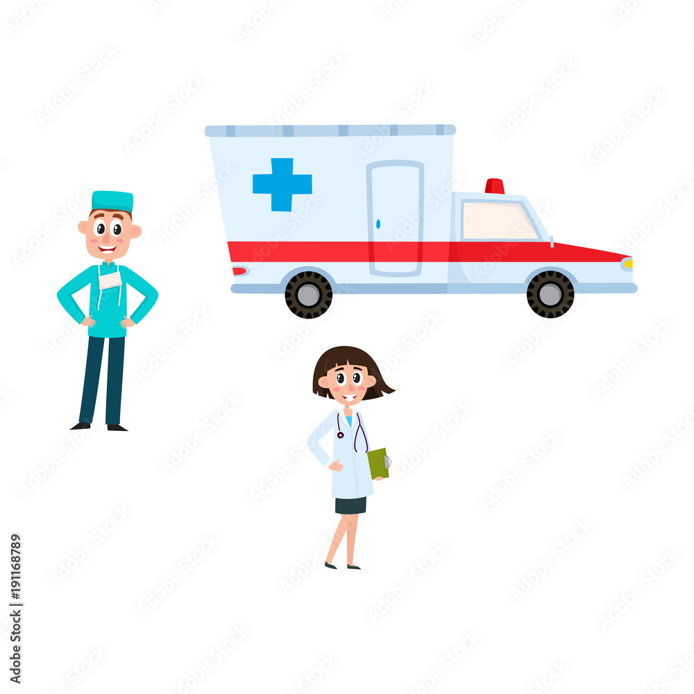 vector flat cartoon adult female doctor, head physician, holding clipboard stethoscope smiling, male surgeon in medical clothing, uniform, ambulance car set. Isolated illustration on white background vector flat cartoon adult female doctor, head physician, holding clipboard stethoscope smiling, male surgeon in medical clothing, uniform, ambulance car set. Isolated illustration on white background