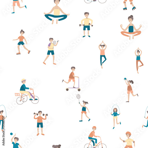 Active lifestyle, sports entertainment outdoors. Young people in city park. Seamless pattern, vector background illustration on white.