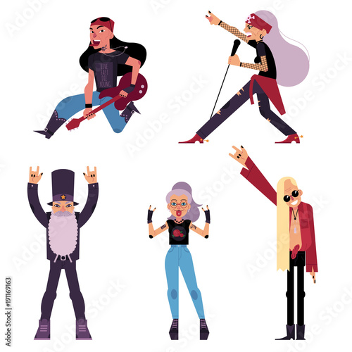 Set of old, elder, senior rock musicians, singers, guitarist, cartoon vector illustration isolated on white background. Set of elder old rock band participant, singer, bandleader, guitarist characters