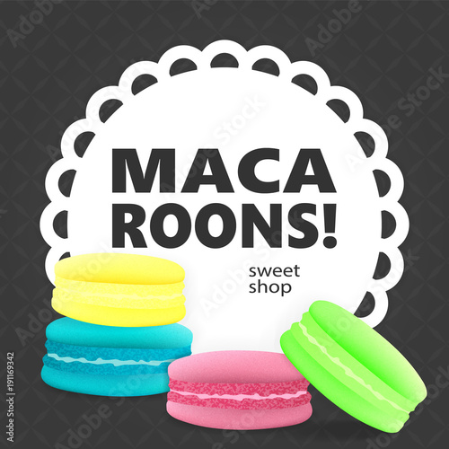 Colorful macaroons on a gray background with tracery frame. realistic style. vector illustration.