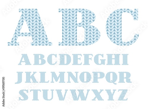 Knitted font, English, alphabet, blue, vector. Capital letters of the English alphabet. Letters with serifs. Simulation of knitted fabric of blue color. Vector badges.  