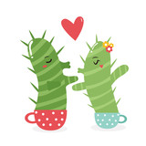 Vector illustration of two cute kissing cacti