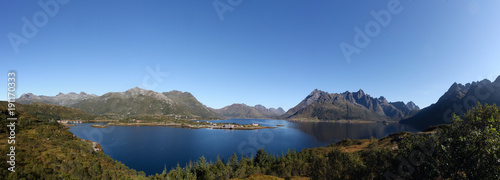 Panoramic view over sea and mountains in Lofoten, Norway