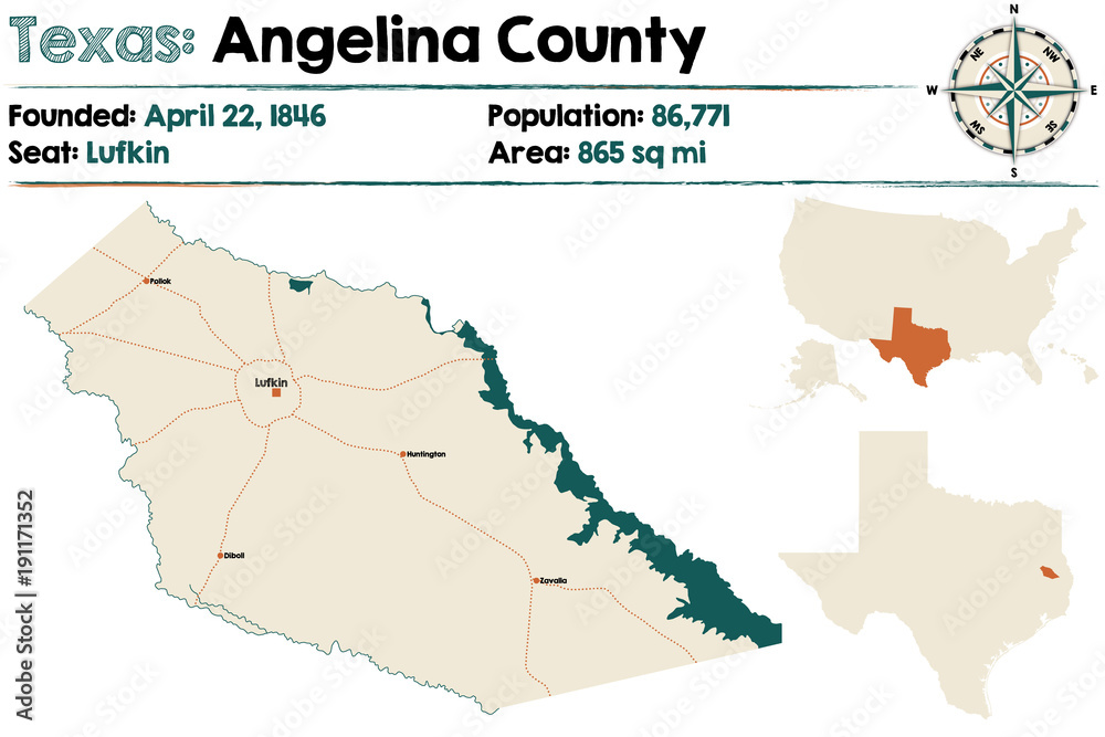 Detailed map of Angelina county in Texas, USA