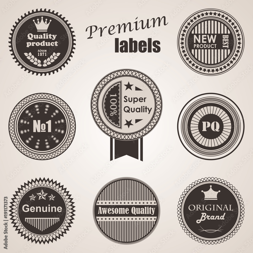 Set of labels. Premium quality labels. Round labels and icons Set of labels. Premium quality labels. Round labels and icons