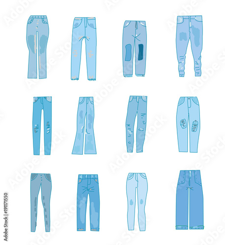 Jeans icons set with funny design. Vector graphic illustration