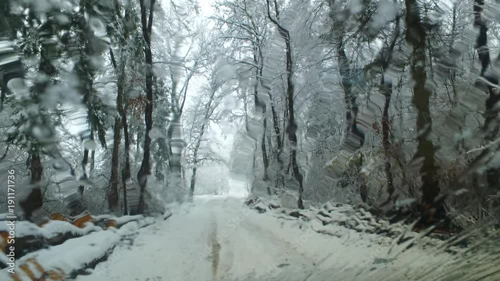 Driving, observing serious weather conditions while driving through snowy winter forest. Driving, observing serious weather conditions while driving through snowy winter forest.