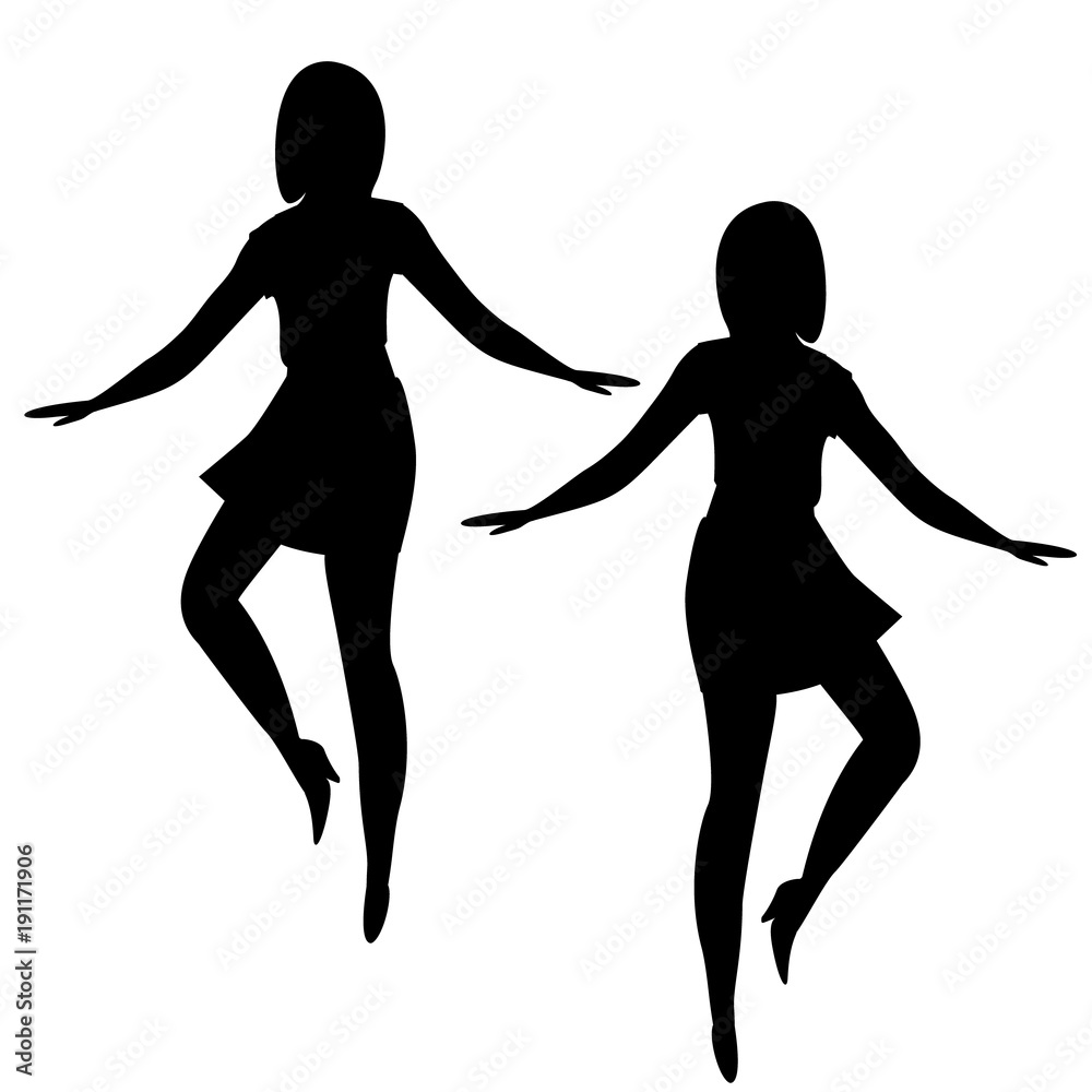 Woman is dancing. Black silhouette of a dancing girl. Vector illustration of people. Black icons isolated on white background.
