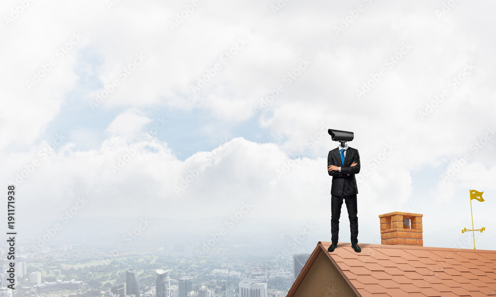 Concept of home security and privacy protection with camera headed man