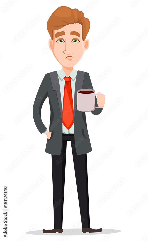 Tired businessman in suit holding cup with hot drink