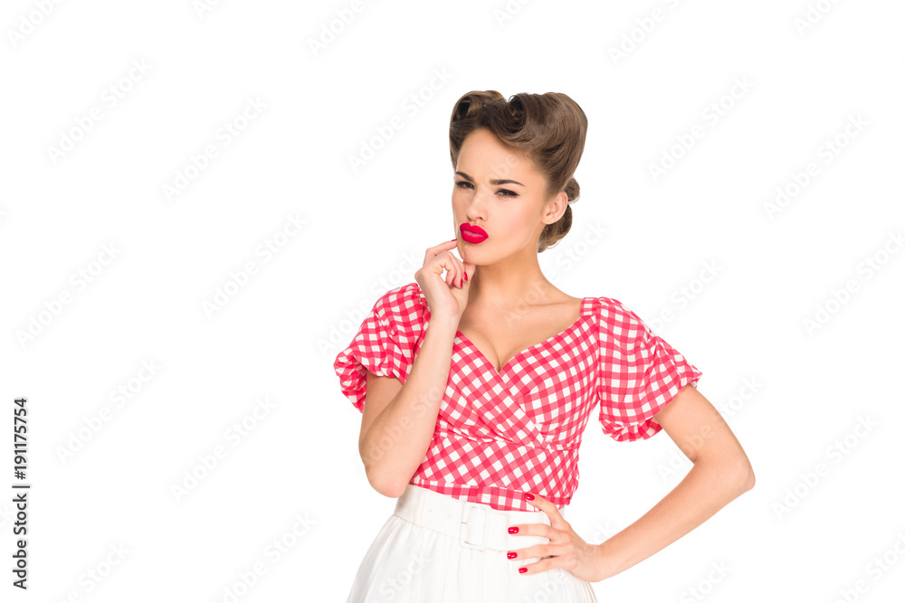 portrait of pensive young woman in retro style clothing isolated on white portrait of pensive young woman in retro style clothing isolated on white