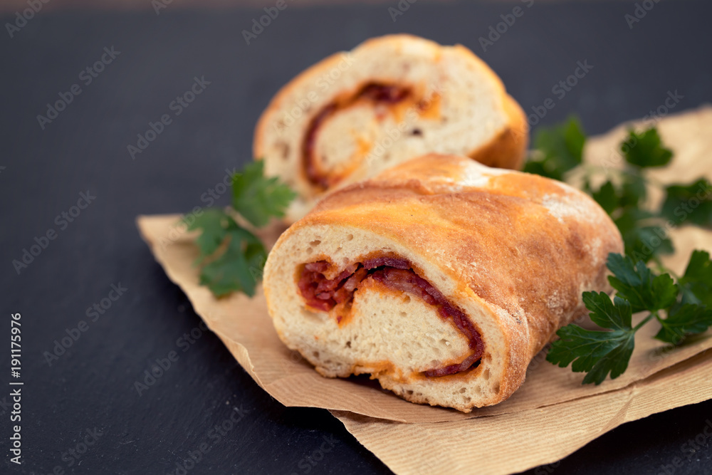 bread with smoked sausage on plate bread with smoked sausage on plate