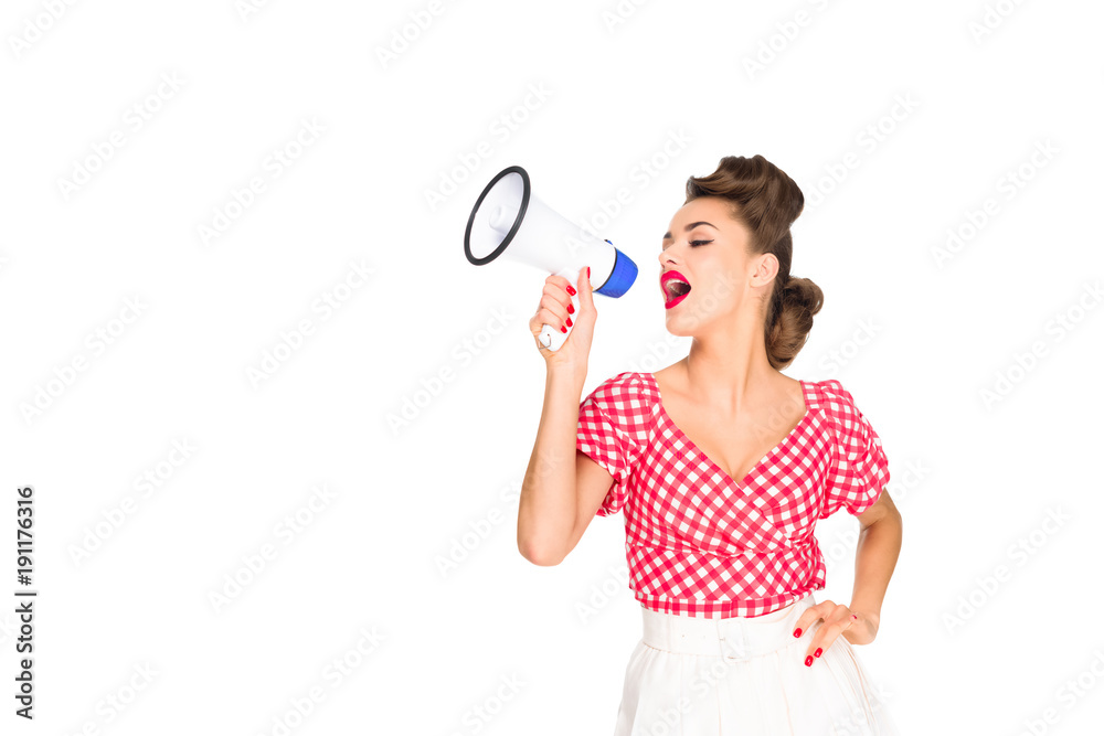 portrait of fashionable young woman in pin up style clothing with loudspeaker isolated on white portrait of fashionable young woman in pin up style clothing with loudspeaker isolated on white