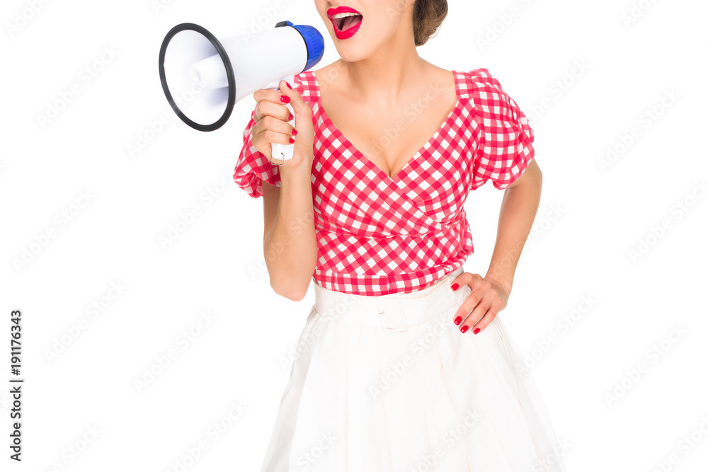 cropped shot of fashionable woman in pin up style clothing with loudspeaker isolated on white cropped shot of fashionable woman in pin up style clothing with loudspeaker isolated on white
