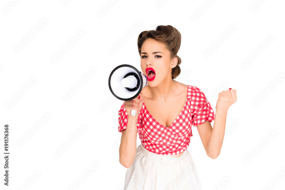 portrait of fashionable young woman in pin up style clothing screaming into loudspeaker isolated on white portrait of fashionable young woman in pin up style clothing screaming into loudspeaker isolated on white