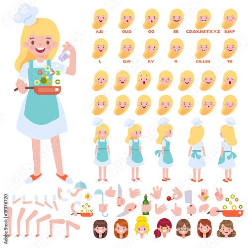Front, side, back view animated character. Chef girl creation set with various views, hairstyles, face emotions, poses and gestures. Cartoon style, flat vector illustration.