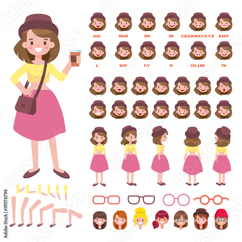 Front, side, back view animated character. Teenage girl character creation set with various views, hairstyles, face emotions, poses and gestures. Cartoon style, flat vector illustration.