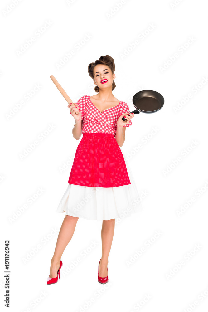 stylish woman in retro clothing with rolling pin and frying pan isolated on white stylish woman in retro clothing with rolling pin and frying pan isolated on white