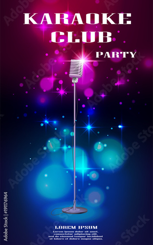 Neon glowing flyer with retro microphone and soft bokeh. Banner with lights effects for night club or karaoke party. Vector illustration