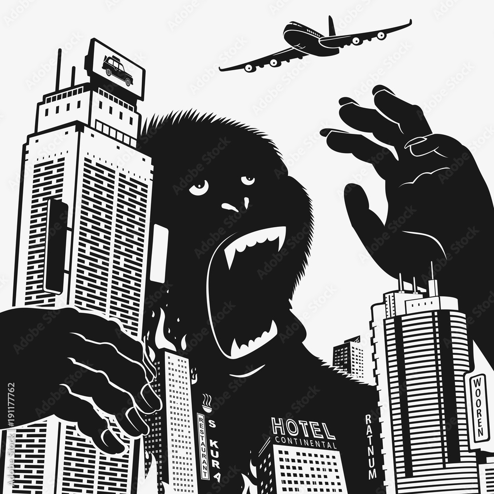 Naklejka premium Big Gorilla Monster In The Center Of The City
