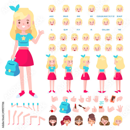 Front, side, back view animated character. Teenage girl character creation set with various views, hairstyles, face emotions, poses and gestures. Cartoon style, flat vector illustration.