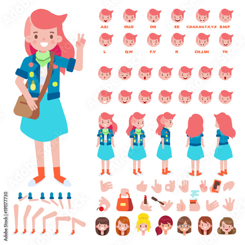 Front, side, back view animated character. Teenage girl character creation set with various views, hairstyles, face emotions, poses and gestures. Cartoon style, flat vector illustration.