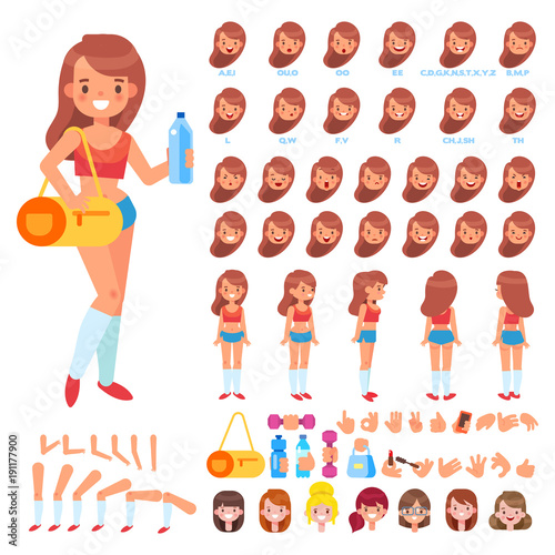 Front, side, back view animated character. Fitness girl creation set with various views, hairstyles, face emotions, poses and gestures. Cartoon style, flat vector illustration.