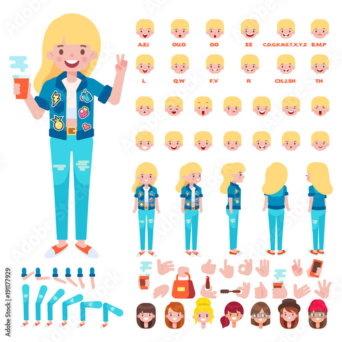 Flat Vector Hipster Girl character for your scenes. Character creation set with various views, hairstyles, face emotions, lip sync and poses. Parts of body template for design work and animation.