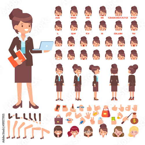 Front, side, back view animated characters. Business woman creation set with various views, face emotions, poses and gestures. Cartoon style, flat vector illustration.