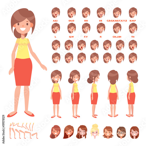 Front, side, back view animated character. Pretty young woman character creation set with various views, hairstyles, face emotions, poses. Cartoon style, flat vector illustration.