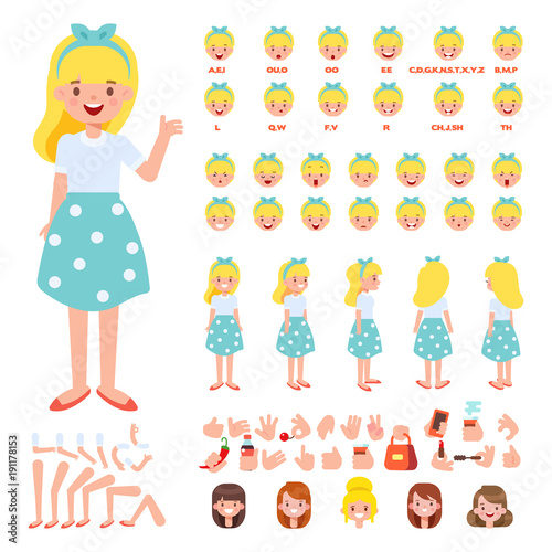 Flat Vector  Girl character for your scenes. Character creation set with various views, hairstyles, face emotions, lip sync and poses. Parts of body template for design work and animation.
