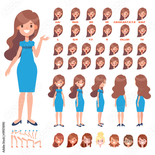 Front, side, back view animated character. Pretty young woman character creation set with various views, hairstyles, face emotions, poses. Cartoon style, flat vector illustration.