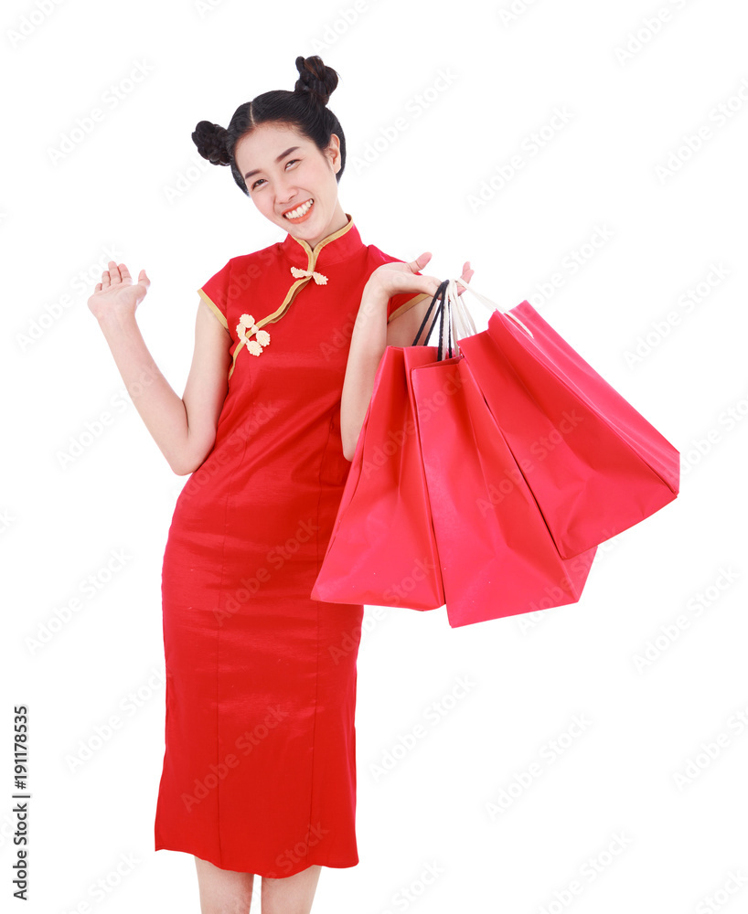 woman holding shopping bag on chinese new year celebration isolated on white background woman holding shopping bag on chinese new year celebration isolated on white background