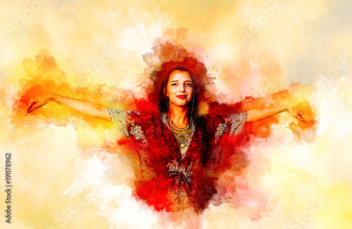 mystical girl celebrating with joy of life in oriental dress and softly blurred watercolor background.