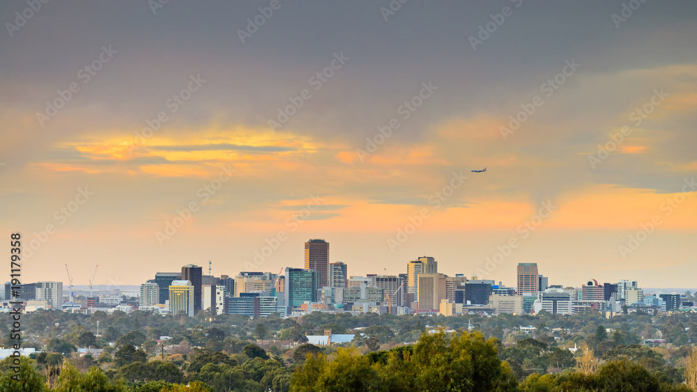 Adelaide city skyline view at sunset