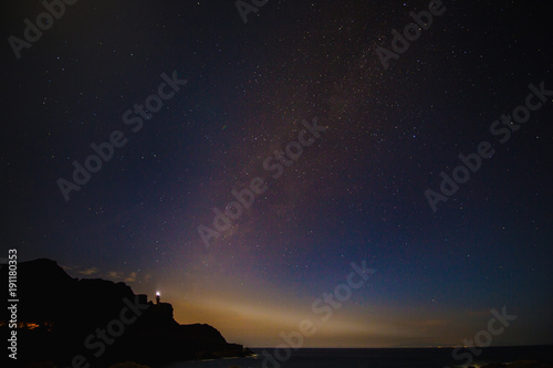 Beautiful sky with many stars above the ocean. Milkway space background