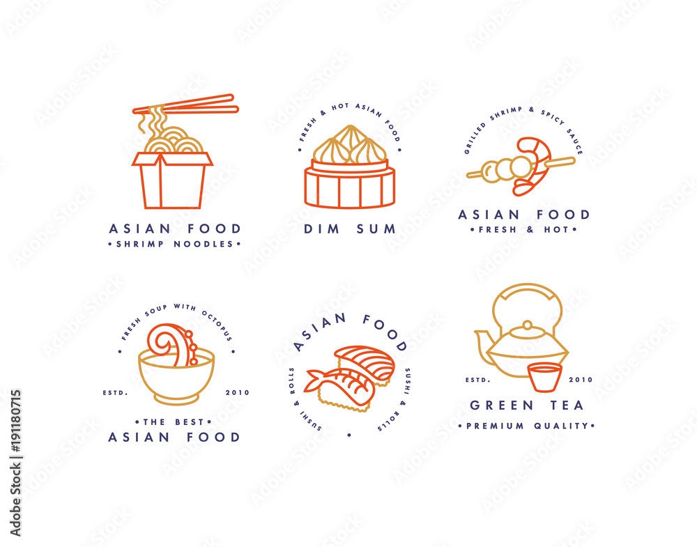 Vector set of logo design templates and emblems or badges. Asian food -  noodles, dim sum, soup, sushi. Linear logos. Stock Vector | Adobe Stock