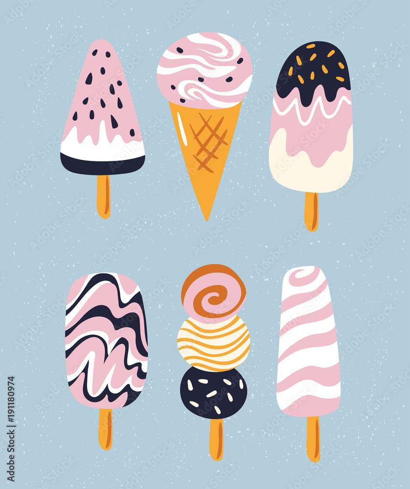Vector set of cute simple ice creams on blue background. Collection of different ice cream with toppings. It can be used like stickers or for greeting cards Vector set of cute simple ice creams on blue background. Collection of different ice cream with toppings. It can be used like stickers or for greeting cards