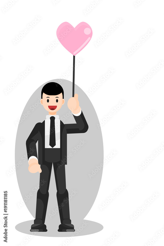Flat character design illustration, a smiley young man in groom suit holds heart shape balloon in his hand. Flat character design illustration, a smiley young man in groom suit holds heart shape balloon in his hand.