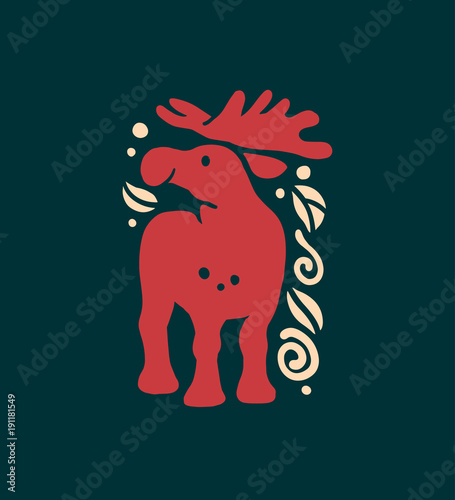 Vector flat cute funny hand drawn elk animal smiling silhouette isolated on dark background. Perfect for children goods store logo insignia, kid clothes and accessory prints, zoo logotype etc.