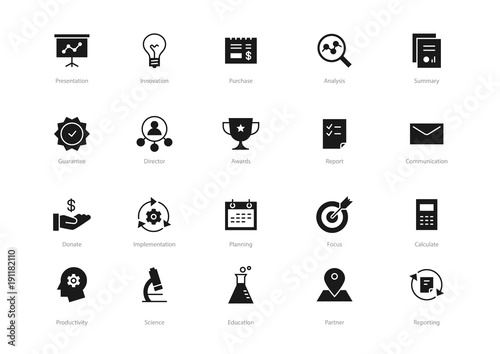 Set of black solid business icons isolated on light background. Contains such icons Planning, Awards, Concept, Education and more.
