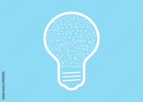 Business innovation vector symbol filled with small icons isolated on light blue background.