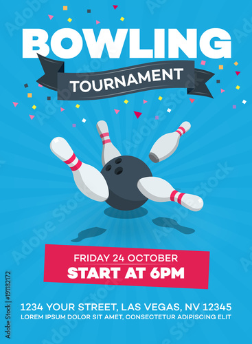 Vector bowling tournament poster with scattered skittle and bowling ball isolated on blue background with transparent shadows.
