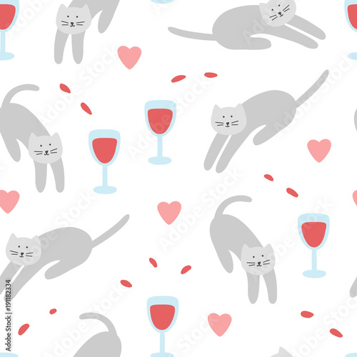 Doodles cats and glass of wine seamless vector pattern. Сoncept of a strong independent woman