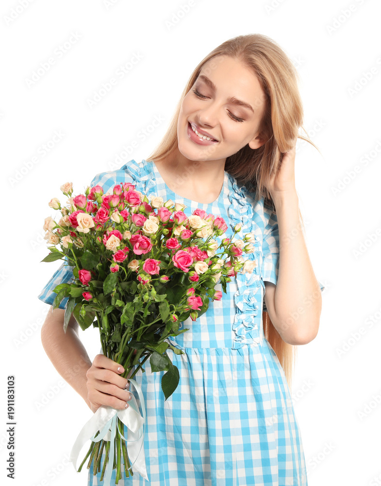 Beautiful young woman with bouquet of roses on white background Beautiful young woman with bouquet of roses on white background