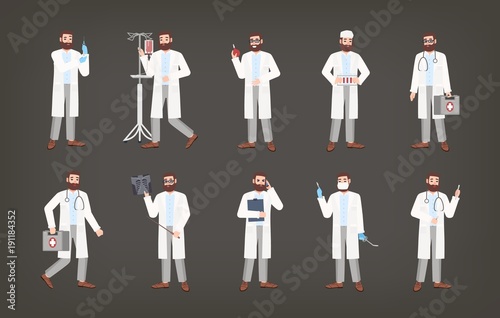 Bundle of male doctor, physician or surgeon standing in various poses. Set of bearded man dressed in white coat holding medical equipment - syringe, douche, X-ray image, scalpel. Vector illustration.