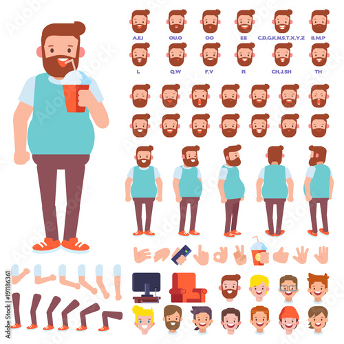 Flat Vector Bearded Man character for your scenes. Character creation set with various views, hairstyles, face emotions, lip sync and poses. Parts of body template for design work and animation.