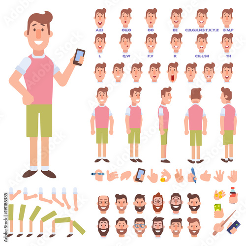  Flat Vector Guy character for your scenes. Character creation set with various views, face emotions, lip sync and poses. Parts of body template for design work and animation.