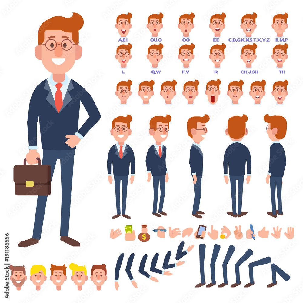 Naklejka Front, side, back view animated character. Business man character creation set with various views, hairstyles, face emotions, poses and gestures. Cartoon style, flat vector illustration.