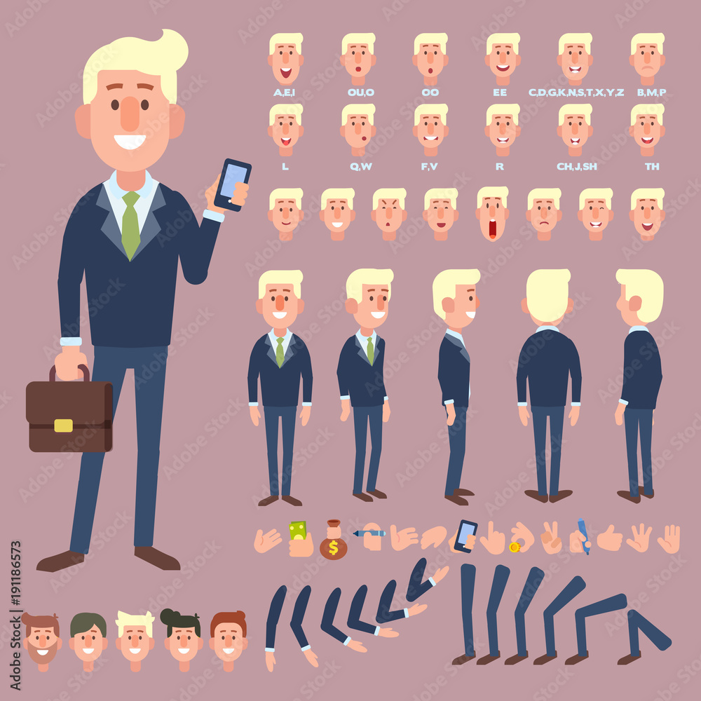 Front, side, back view animated character. Business man character creation set with various views, hairstyles, face emotions, poses and gestures. Cartoon style, flat vector illustration. Front, side, back view animated character. Business man character creation set with various views, hairstyles, face emotions, poses and gestures. Cartoon style, flat vector illustration.